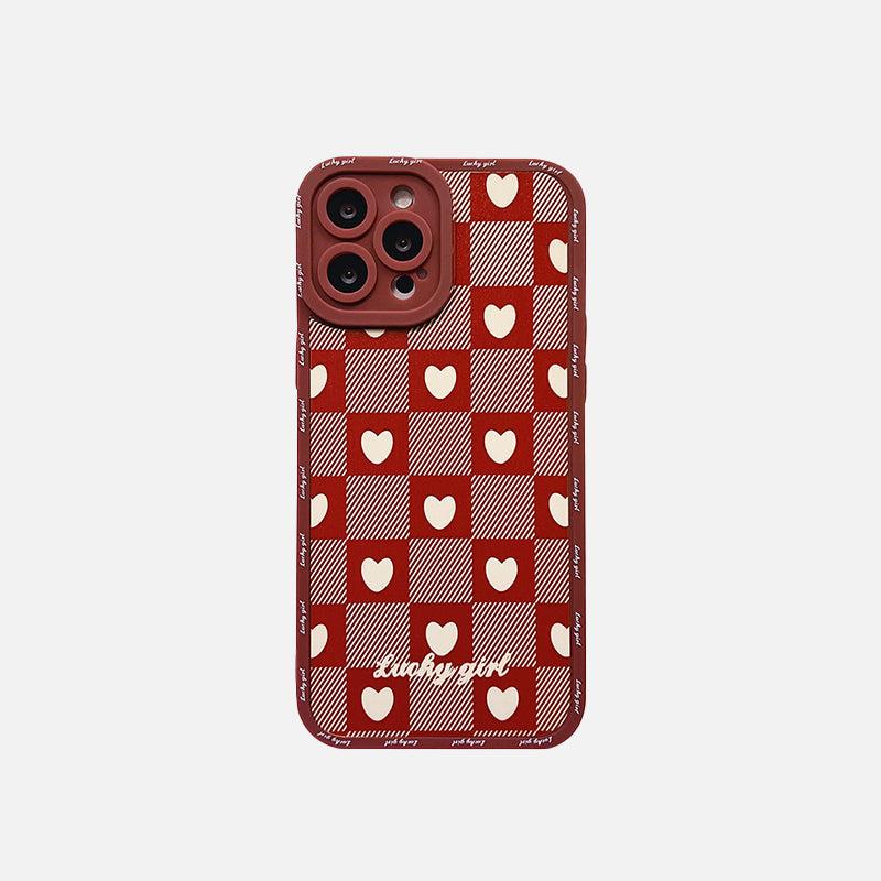 Front view of a red love lattice iPhone case by TALISHKO, featuring heart patterns.