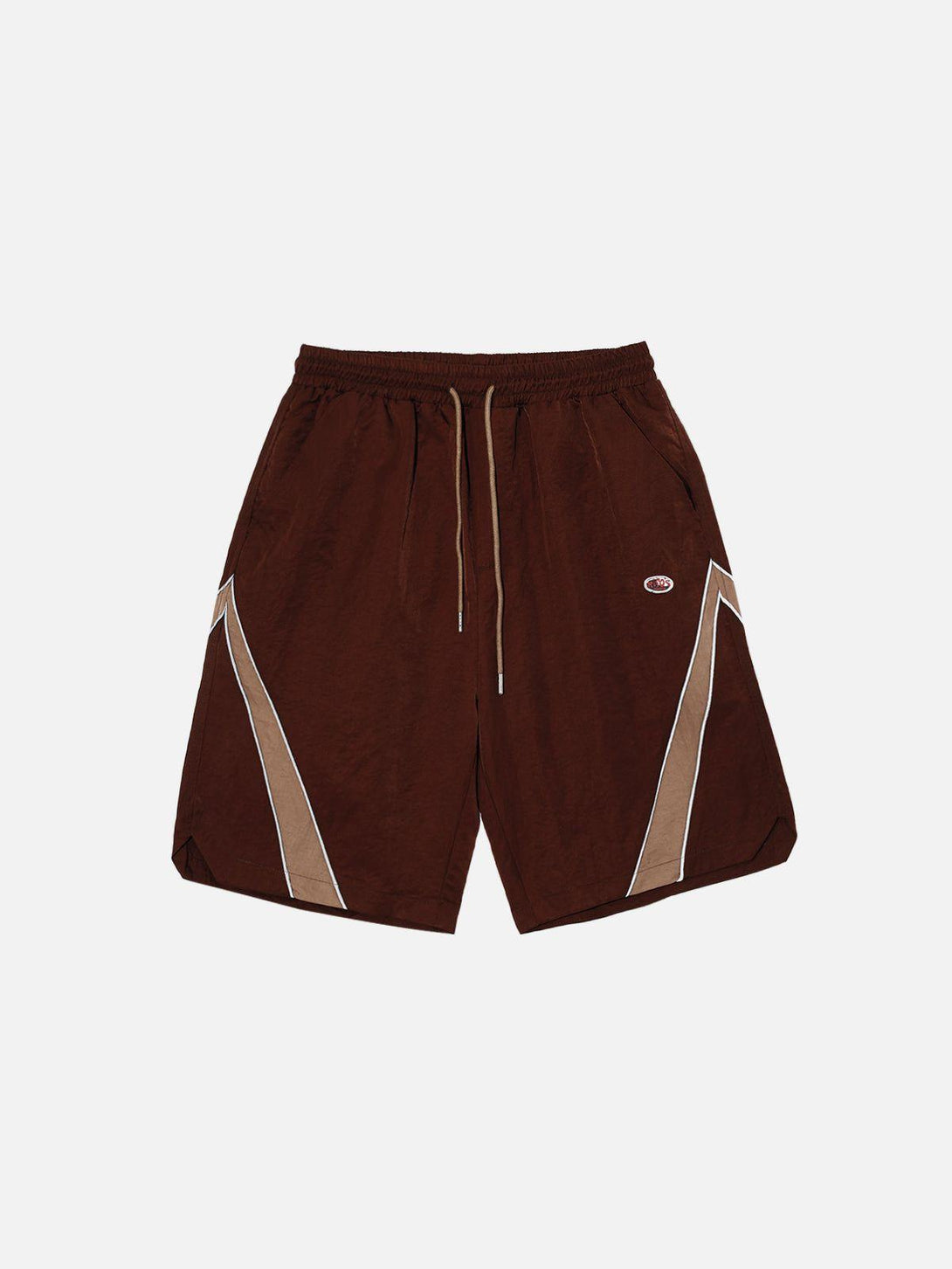 Front view of coffee-colored training shorts by TALISHKO, featuring reflective stripes.