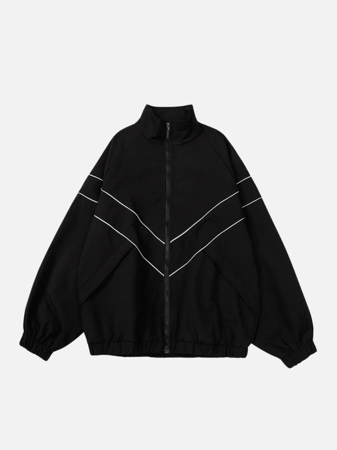 Black reflective striped jacket by TALISHKO, front view highlighting its stylish design.