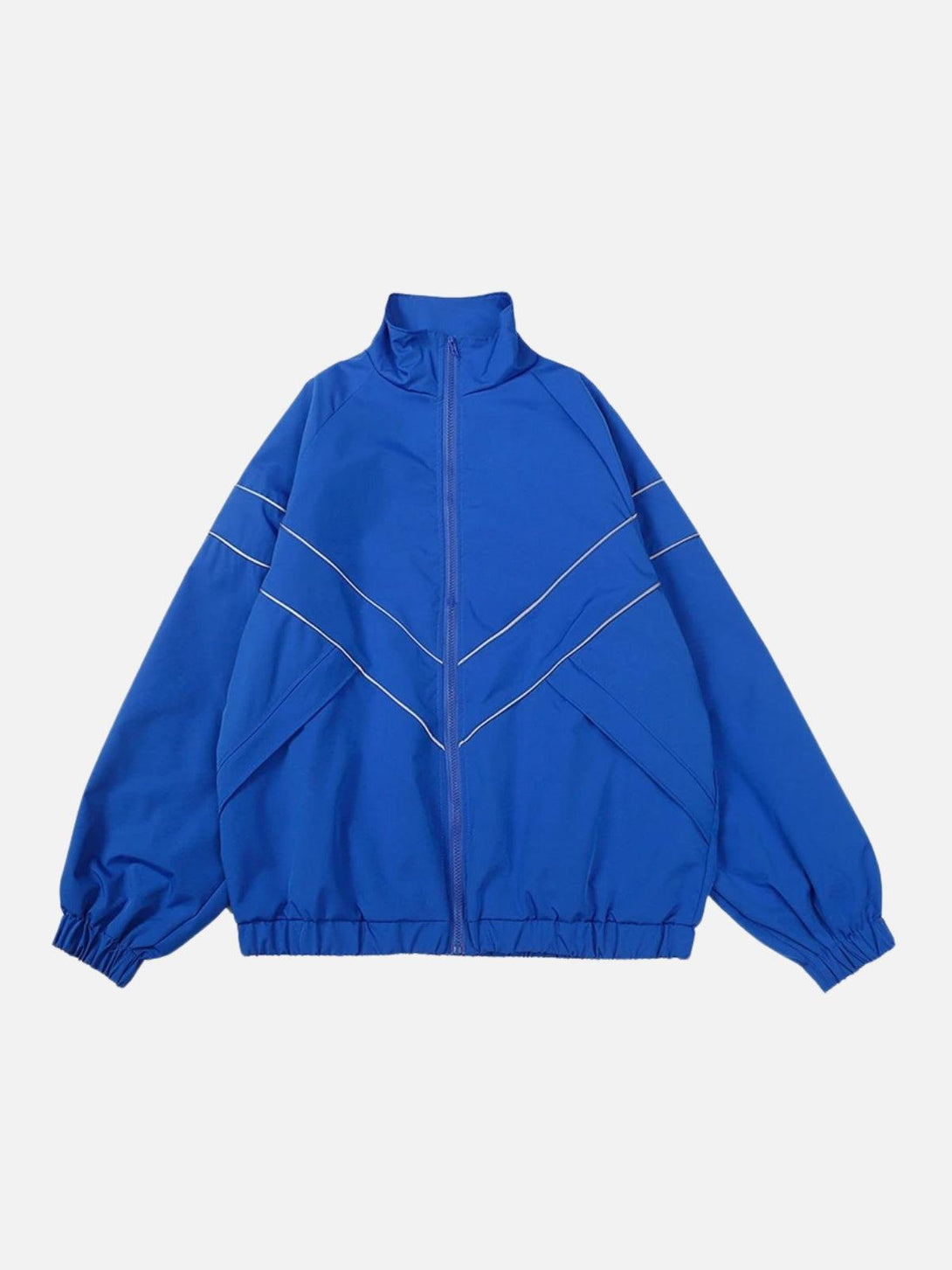 Front view of a blue reflective striped jacket by TALISHKO, featuring a relaxed, stylish fit.