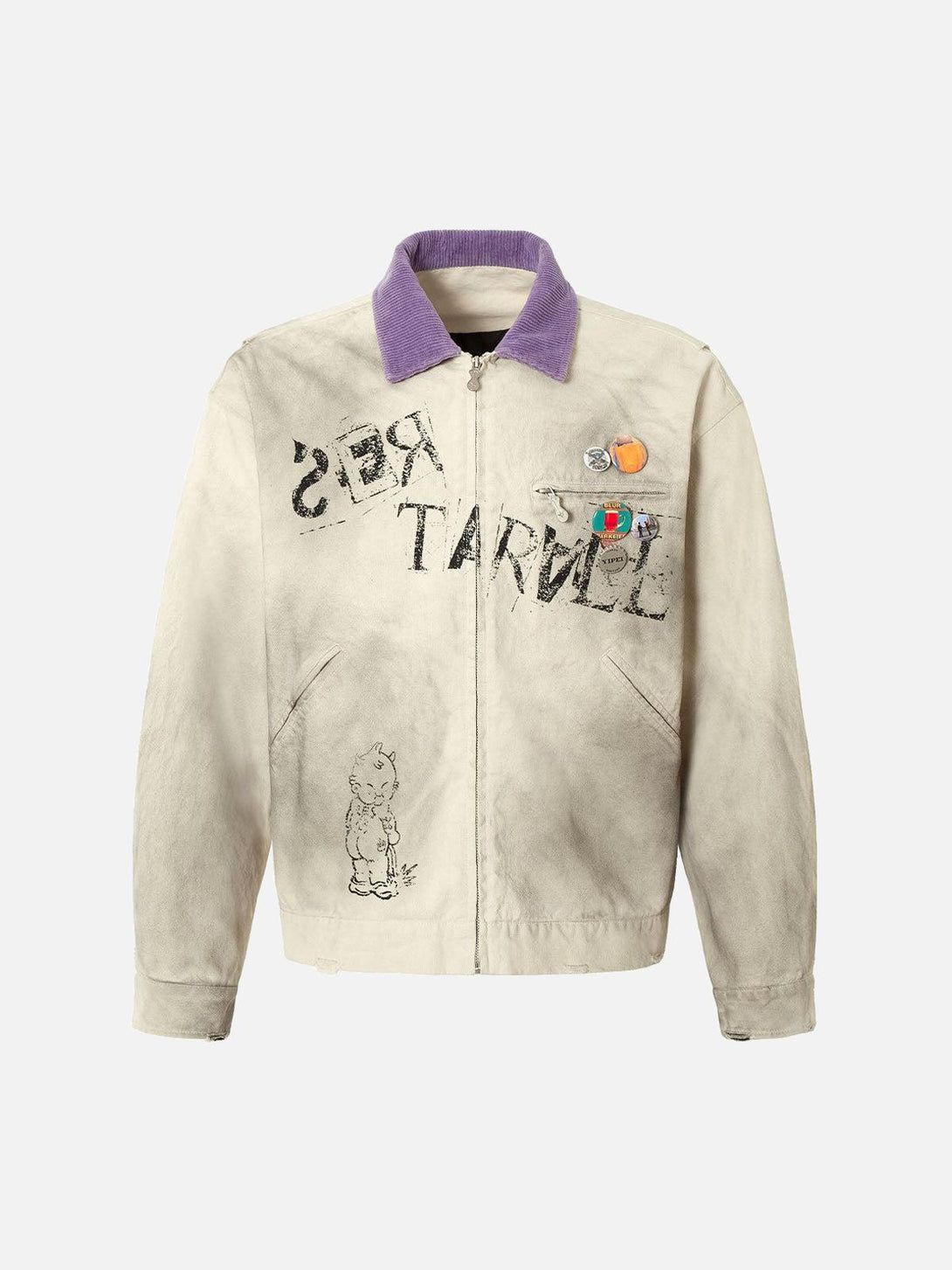 Front view of a white TALISHKO jacket with retro badges and unique graphic details.