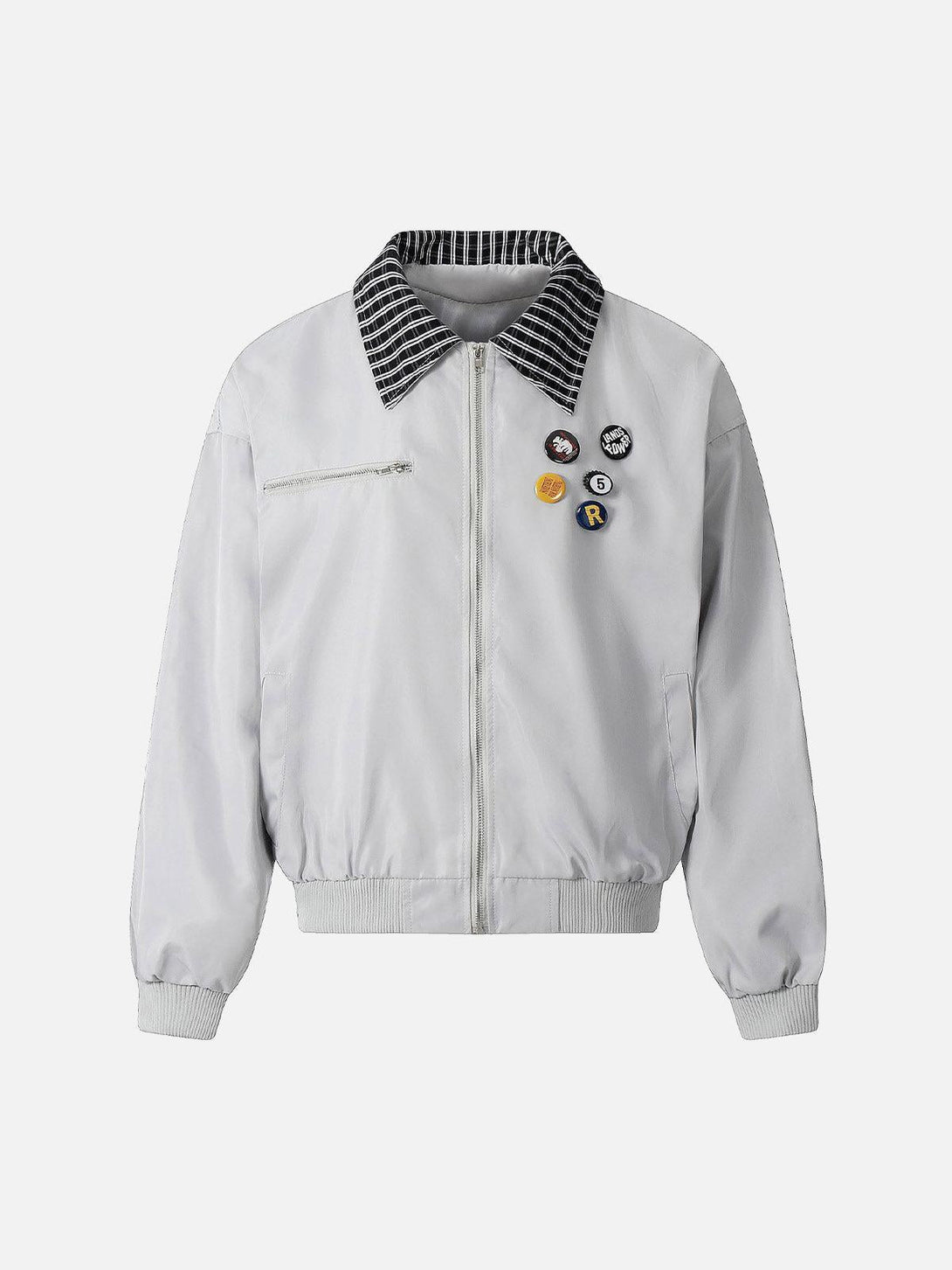 Front view of a gray retro jacket by TALISHKO, featuring badges and a striped collar.