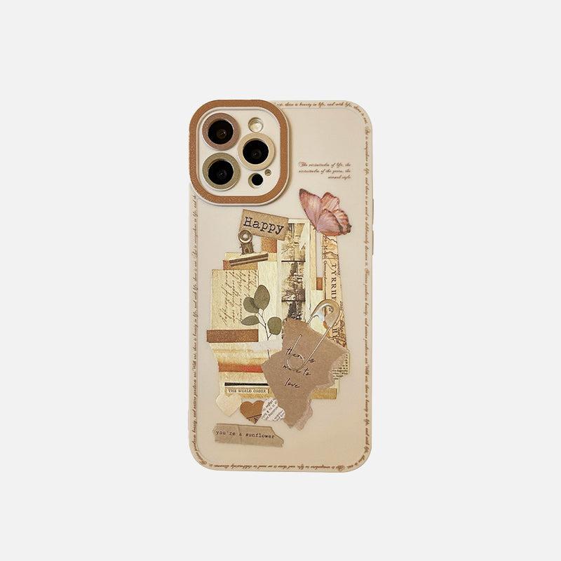 Vintage-inspired iPhone case by TALISHKO, featuring layered paper and butterfly collage design.