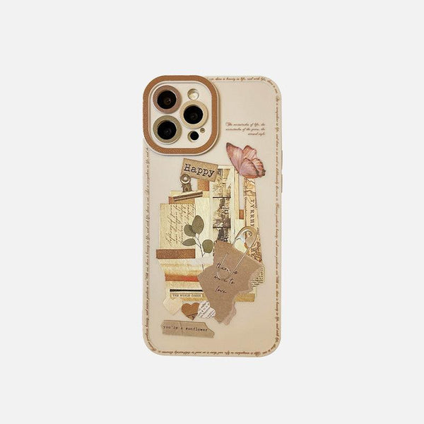 Vintage-inspired iPhone case by TALISHKO, featuring layered paper and butterfly collage design.
