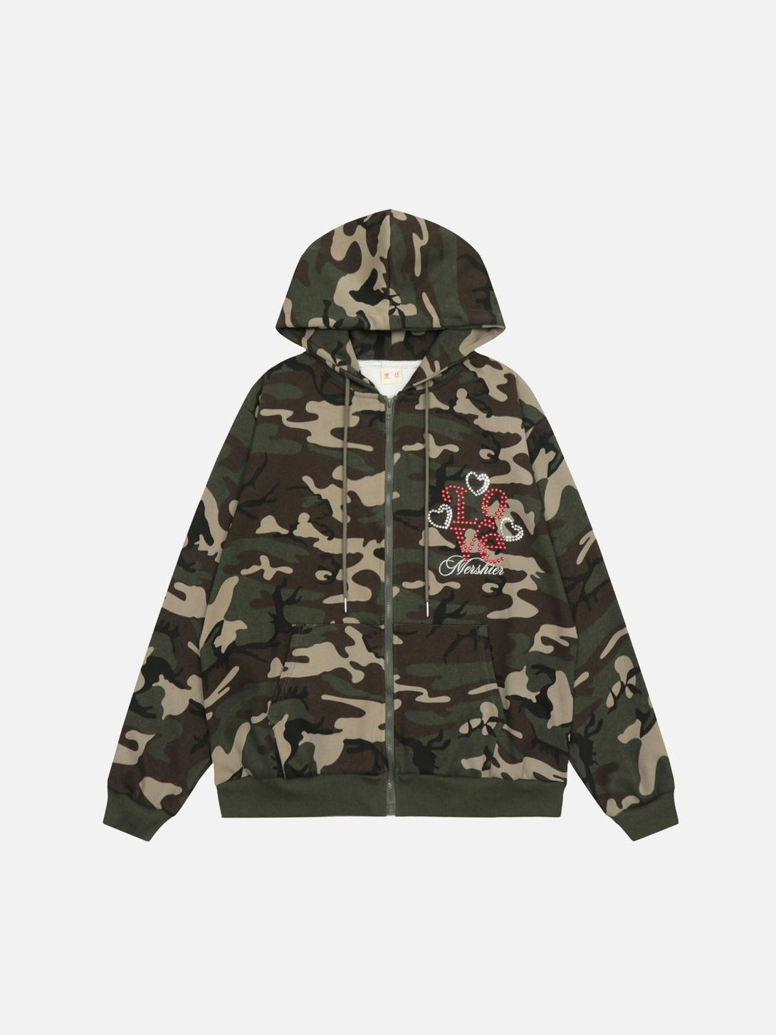 Front view of a camo hoodie by TALISHKO, featuring a retro design with unique detailing.