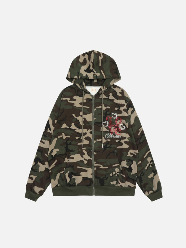 Front view of a camo hoodie by TALISHKO, featuring a retro design with unique detailing.