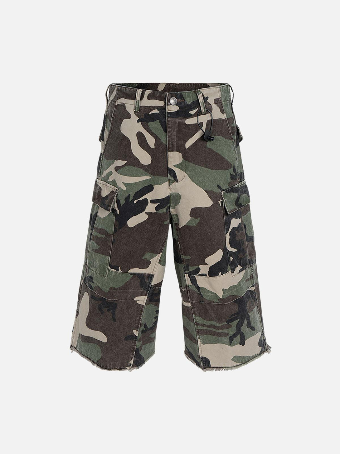 Front view of TALISHKO camouflage cropped shorts with raw edges, ideal for warm-weather style.