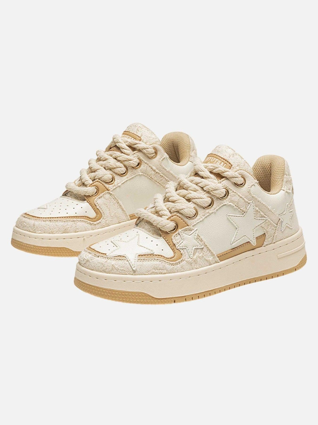 Beige retro casual sneakers with star accents, front view by TALISHKO.