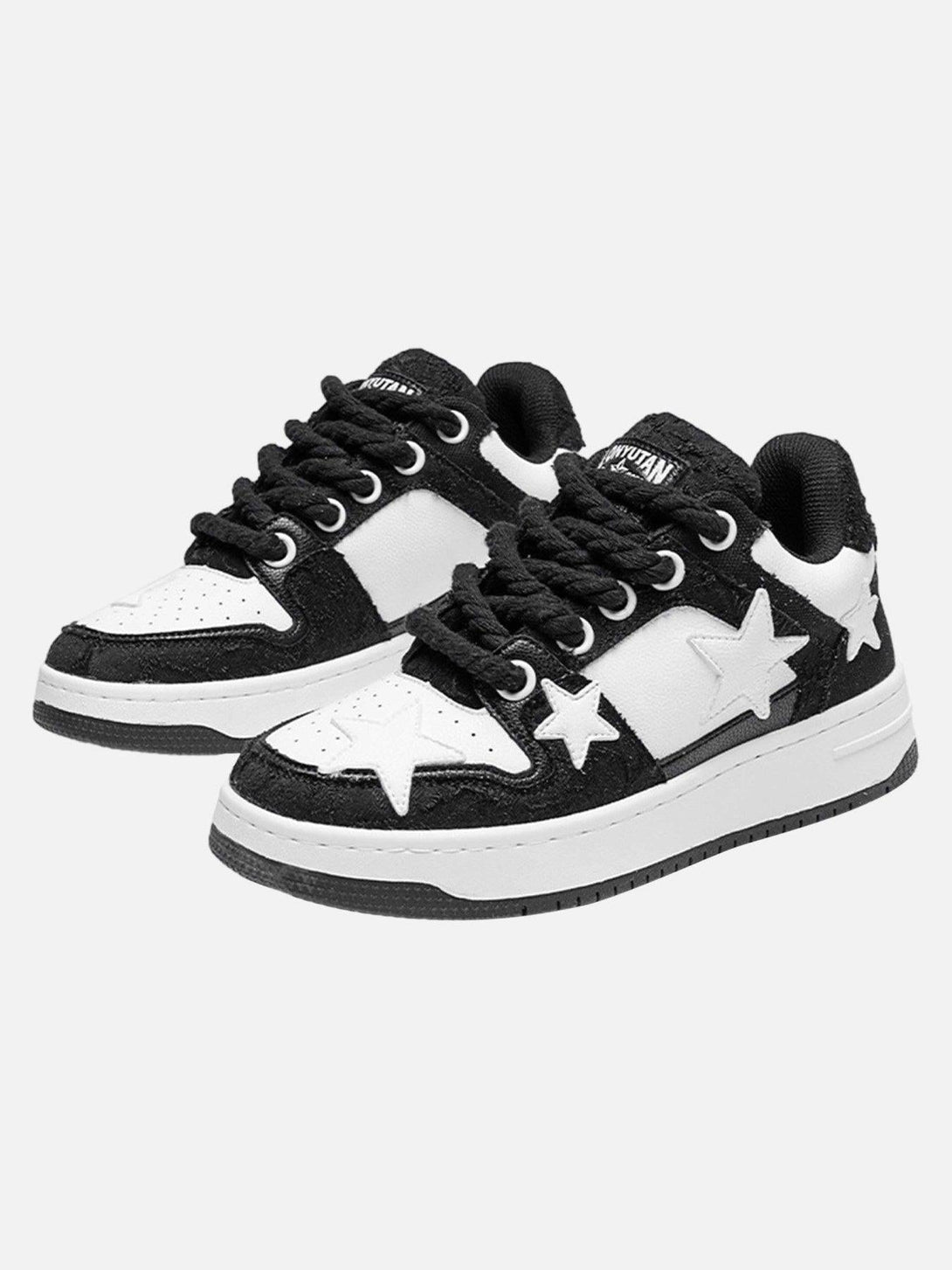 TALISHKO black retro casual sneakers with star accents, front view showcasing stylish design.