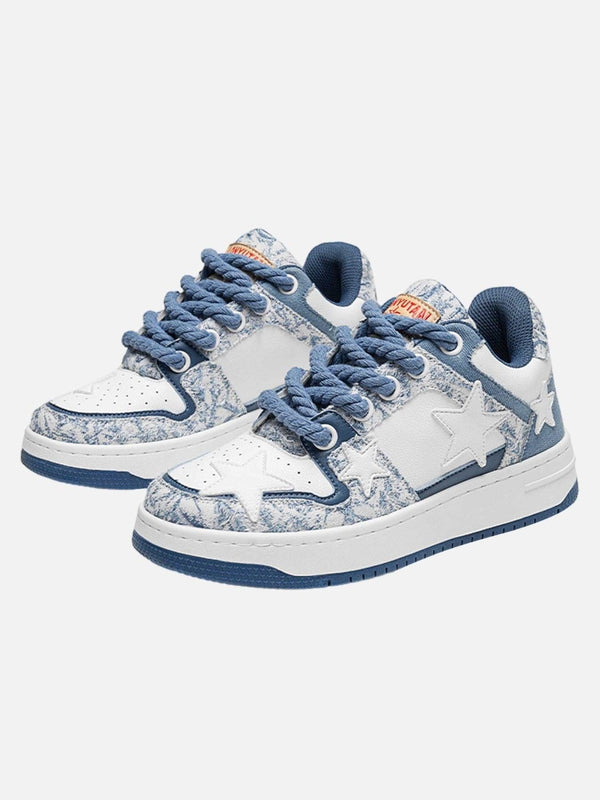 Front view of blue retro casual sneakers with star accents, featuring TALISHKO design.
