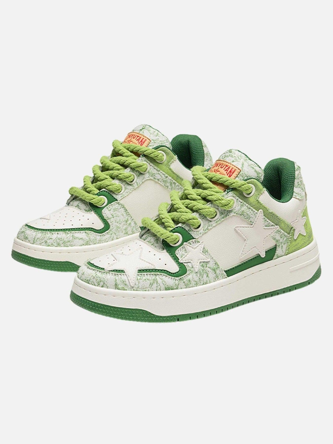 Front view of green retro casual sneakers with star accents by TALISHKO, perfect for street style.