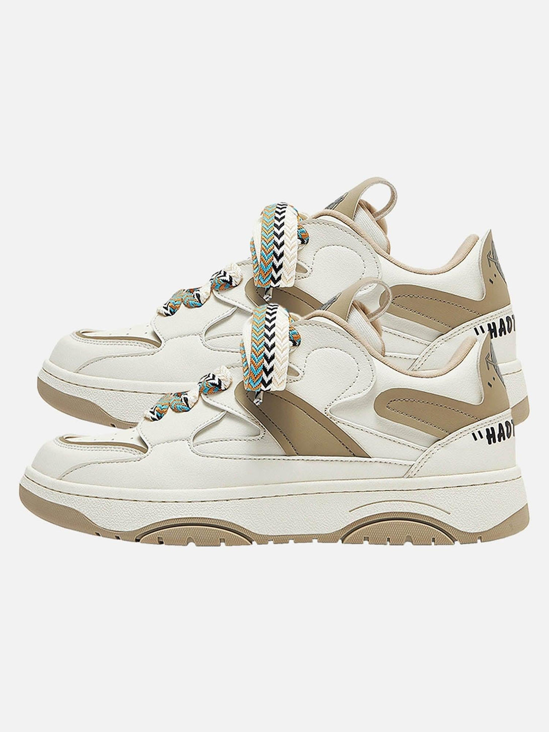 TALISHKO retro sneakers in khaki, side view, showcasing colorful laces and a bold design.