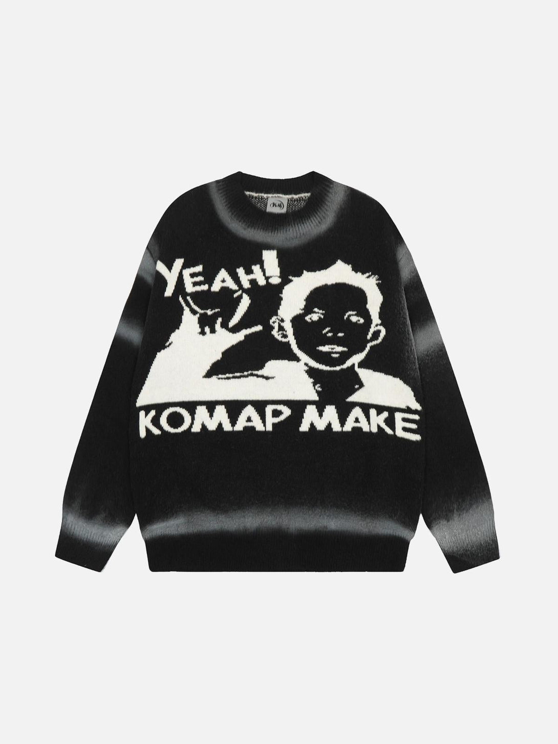Front view of a black retro character sweater by TALISHKO with bold YEAH! graphic design.