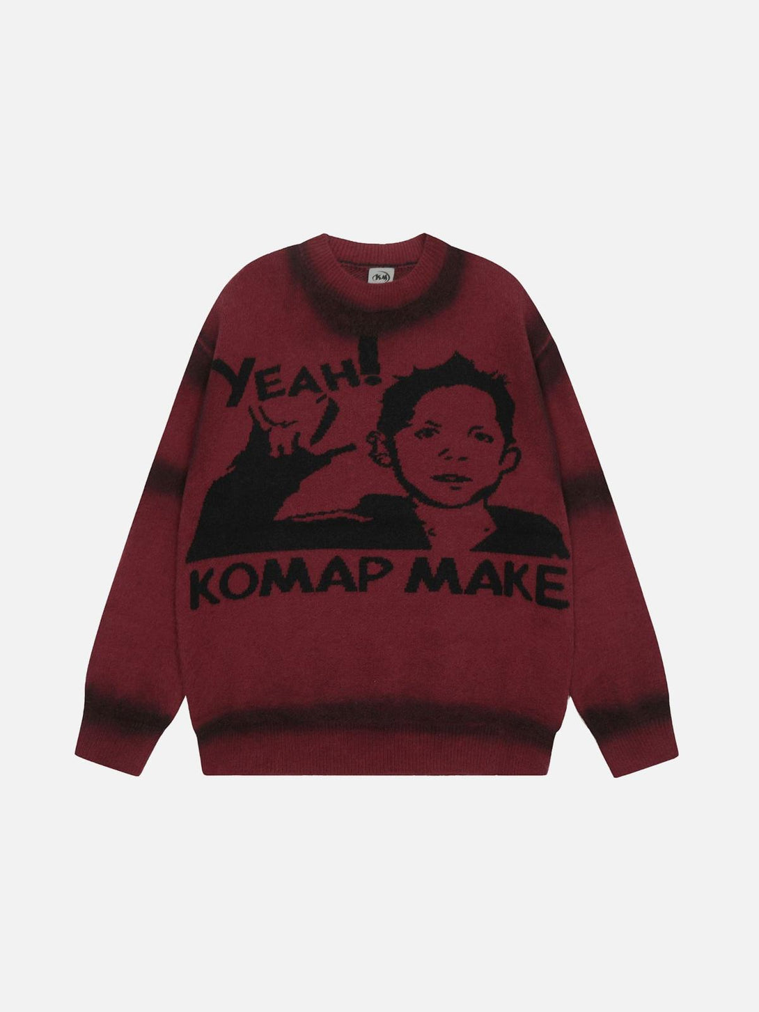 Front view of TALISHKO's red sweater featuring a bold retro character and YEAH! graphic design.