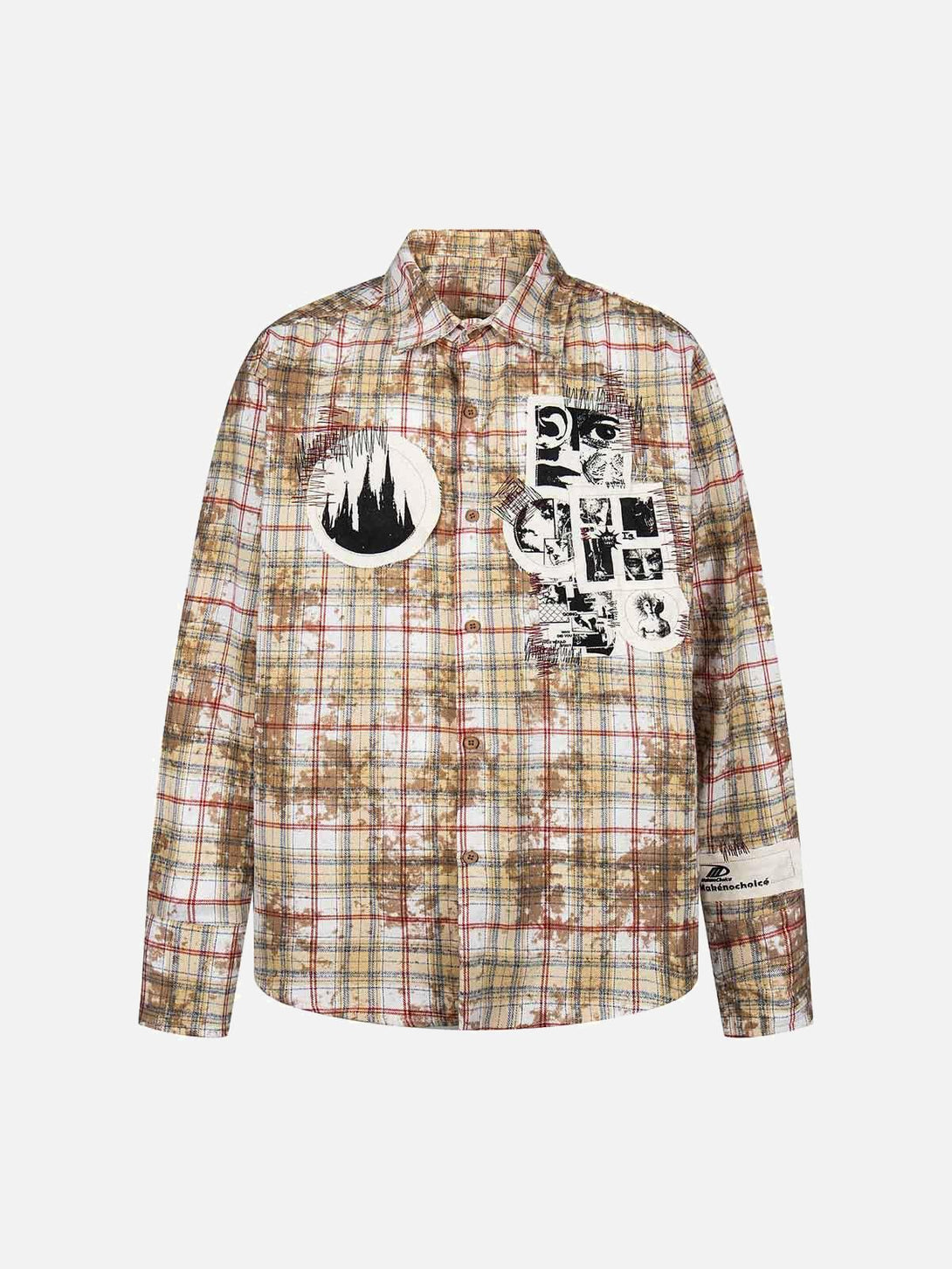 Front view of a brown plaid shirt with unique patch designs, by TALISHKO, adding a retro touch.