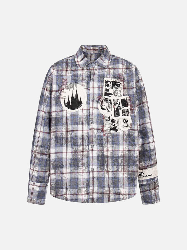 Front view of a purple plaid shirt featuring unique patches, by TALISHKO, perfect for casual style.