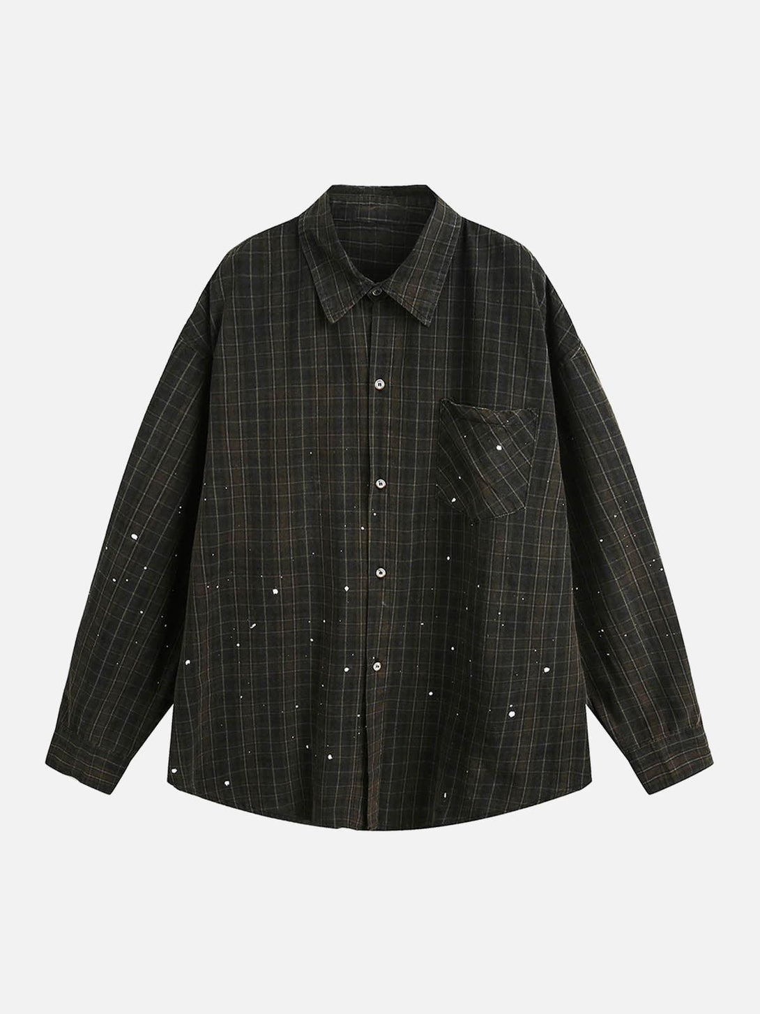 Front view of a black retro plaid shirt by TALISHKO, featuring a relaxed fit and casual style.