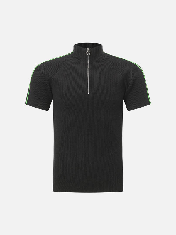 Front view of a black quarter zip-up T-shirt by TALISHKO, featuring green shoulder stripes.