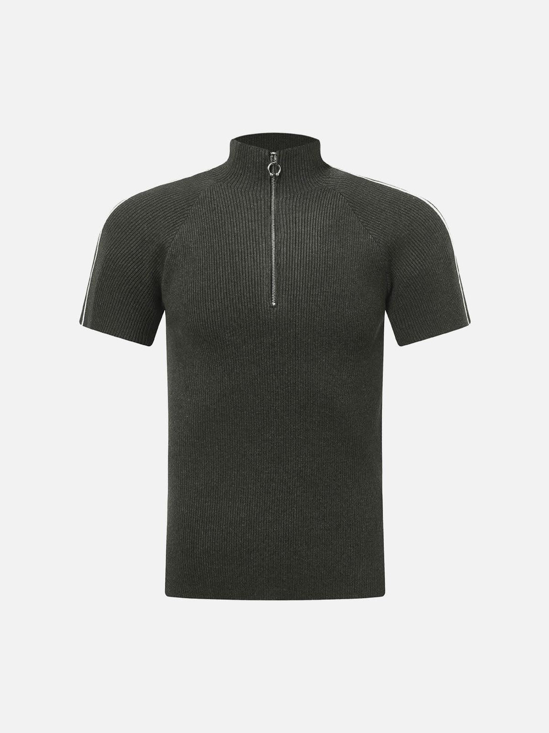 Front view of a gray quarter zip-up T-shirt by TALISHKO, featuring sleek shoulder stripes.