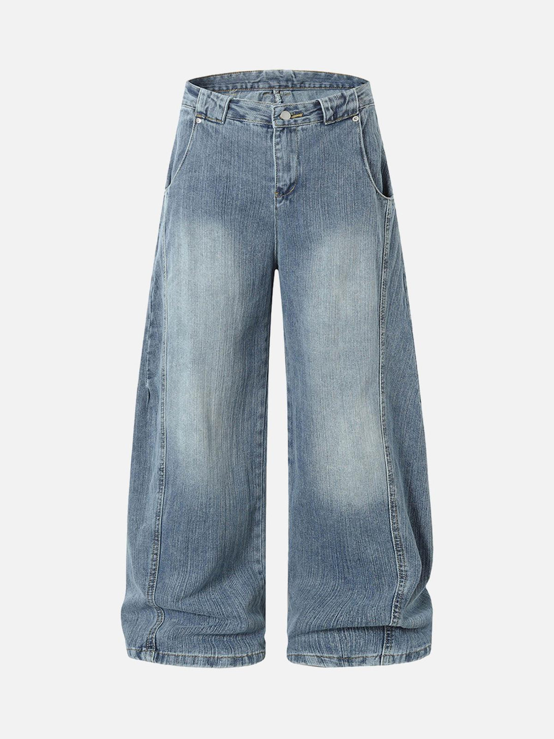 Front view of blue baggy jeans by TALISHKO, showcasing a retro cleanfit style.