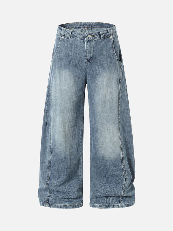 Front view of blue baggy jeans by TALISHKO, showcasing a retro cleanfit style.