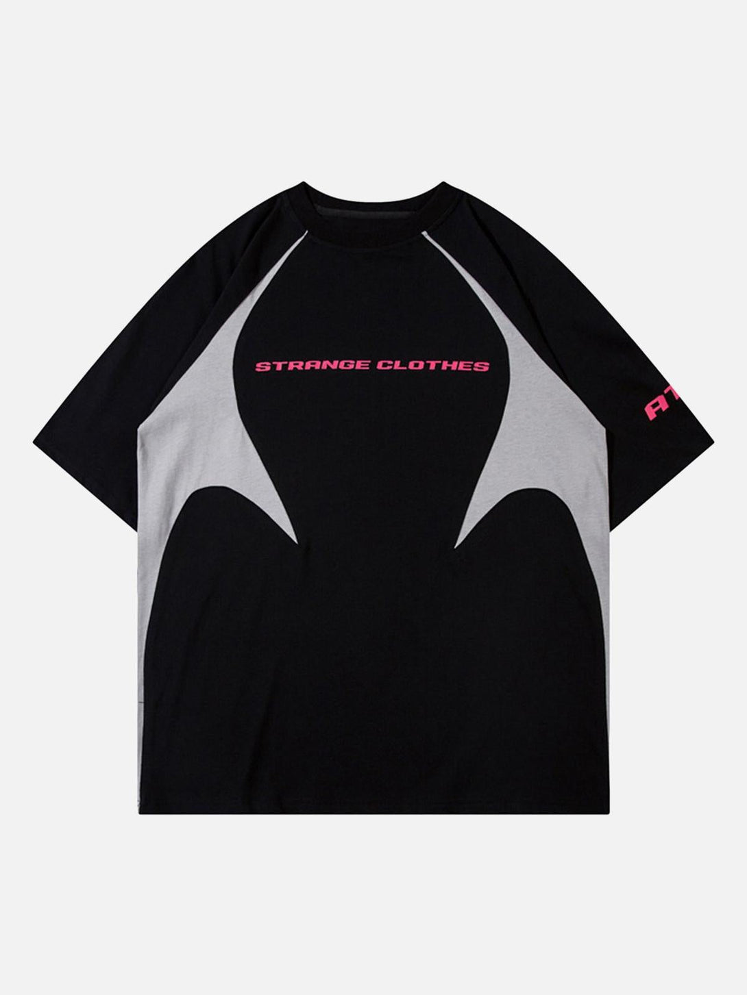 TALISHKO black racing T-shirt with retro color-blocked design and deconstructed stitching.
