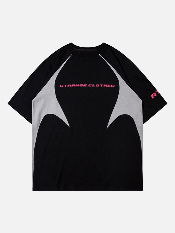 TALISHKO black racing T-shirt with retro color-blocked design and deconstructed stitching.