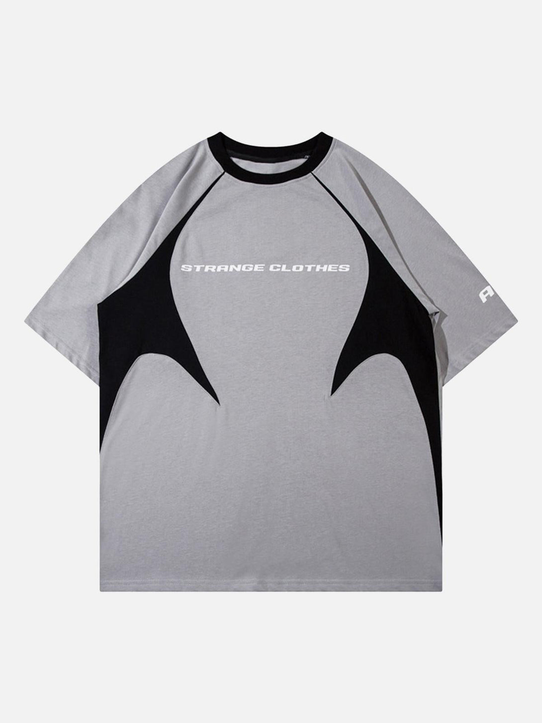 Front view of TALISHKO's gray racing T-shirt featuring retro color-blocked design.
