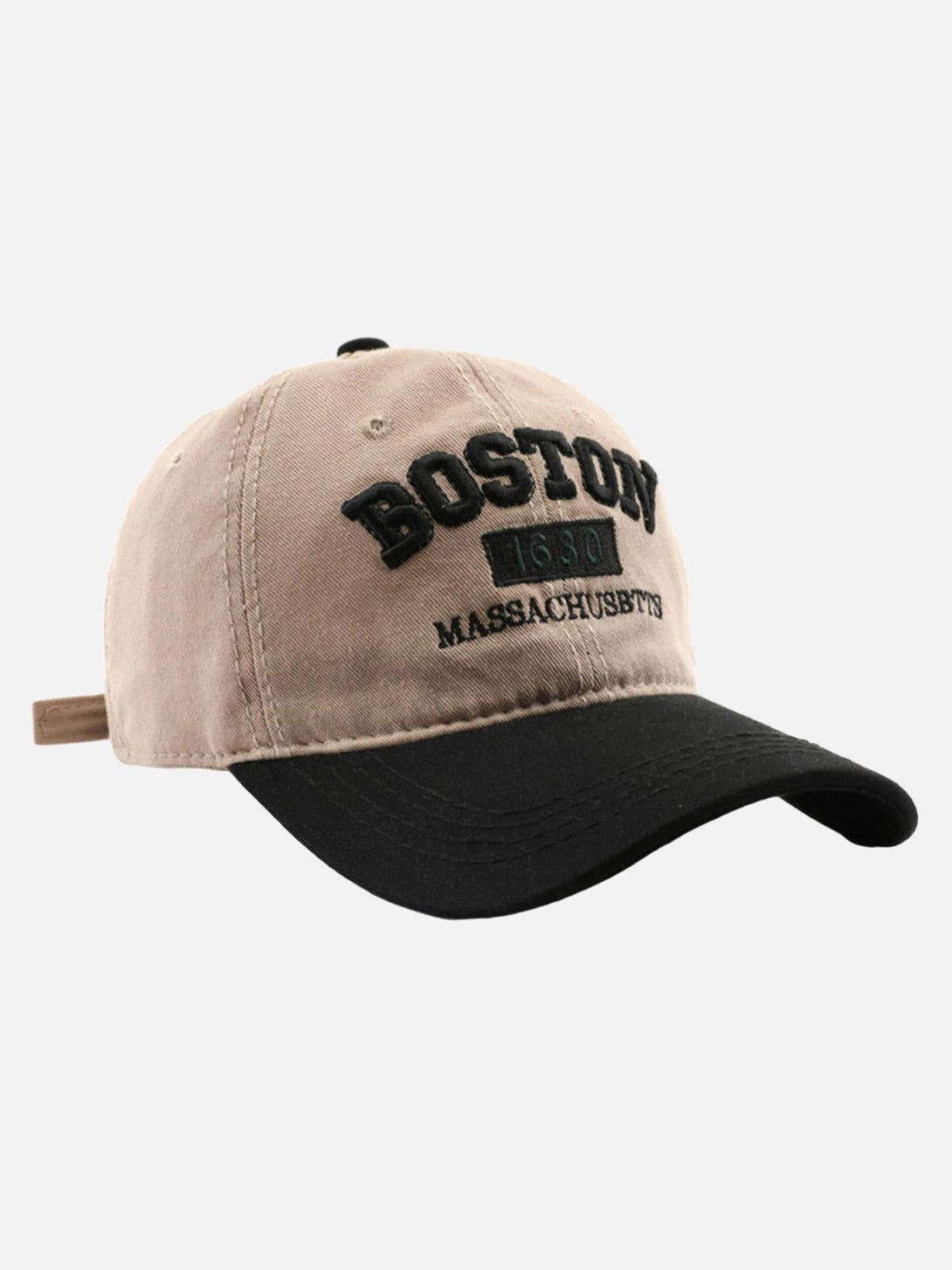 Front view of TALISHKO cap with Boston embroidery, featuring a black brim and khaki top.