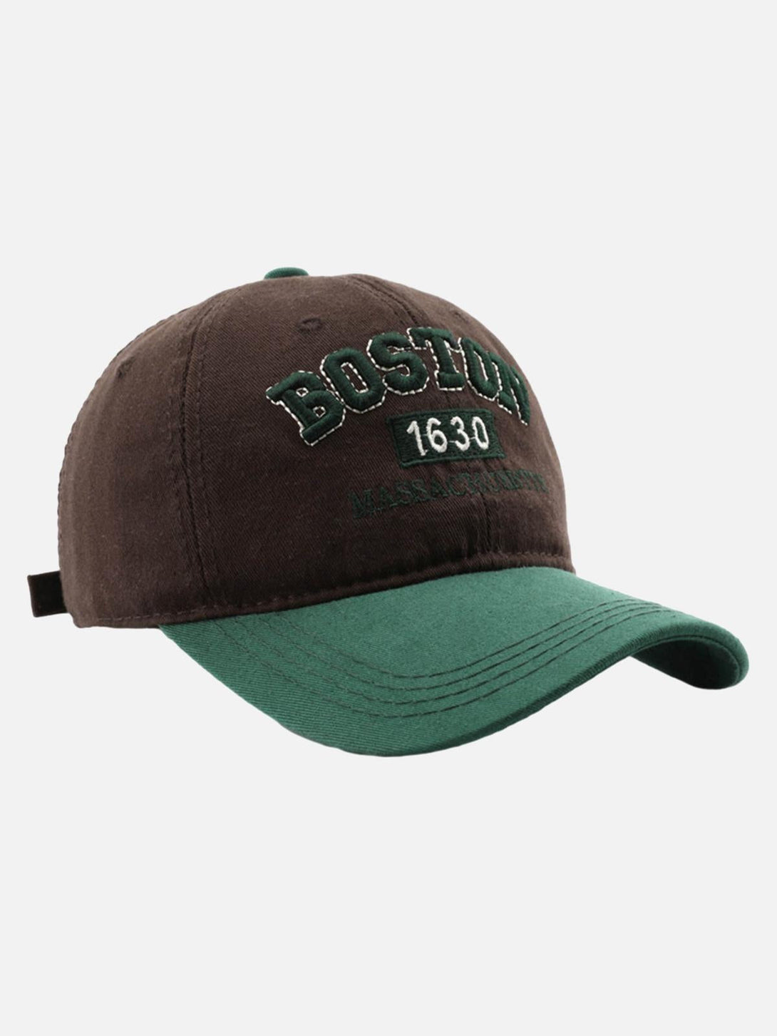 Front view of TALISHKO cap in dark green and brown, featuring Boston embroidery for a trendy look.
