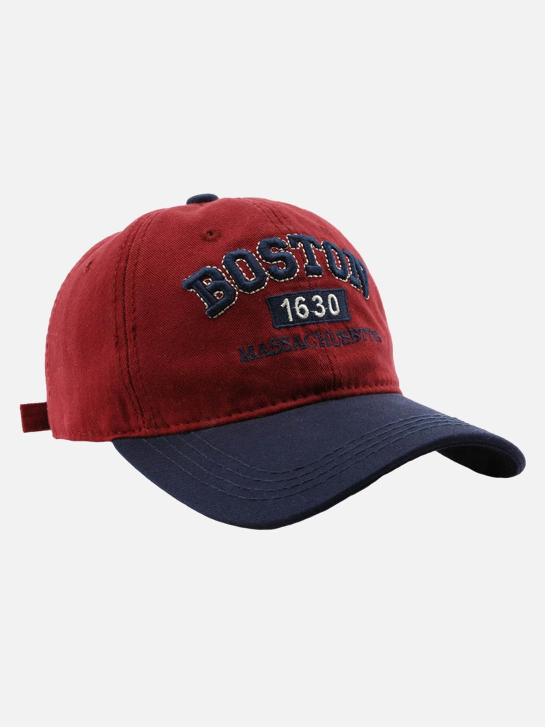 Front view of TALISHKO cap with Boston embroidery in red and navy, perfect for a retro vibe.