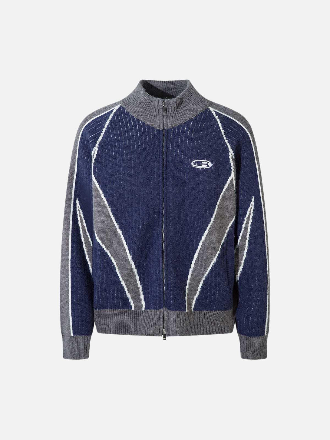 Front view of a blue knitted cardigan by TALISHKO, featuring retro contrast patterns.