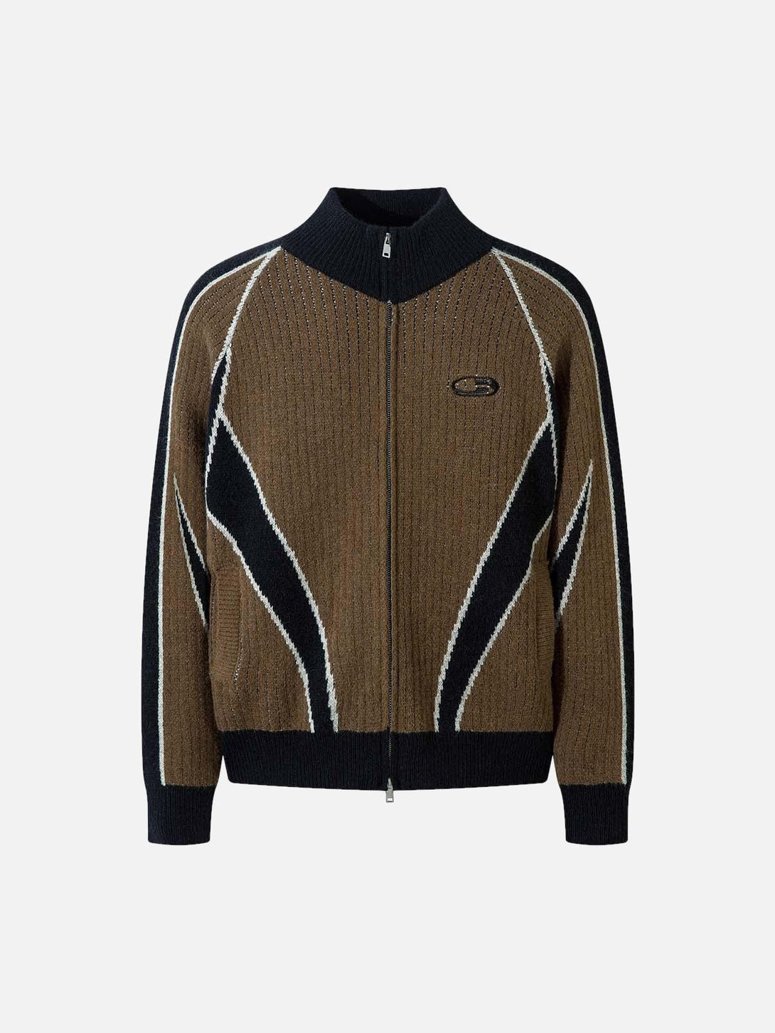 Front view of a brown knitted cardigan sweater by TALISHKO featuring retro contrast patterns.