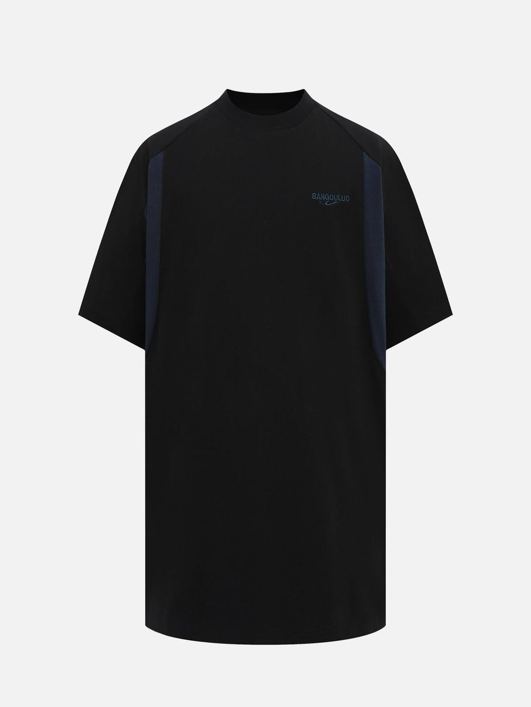 Front view of a black T-shirt by TALISHKO, featuring contrast panels and subtle embroidery.