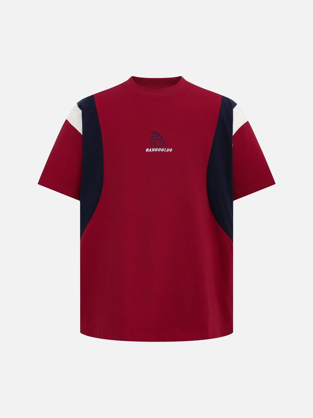 Front view of a red TALISHKO jersey T-shirt with retro contrast stitching and embroidery.
