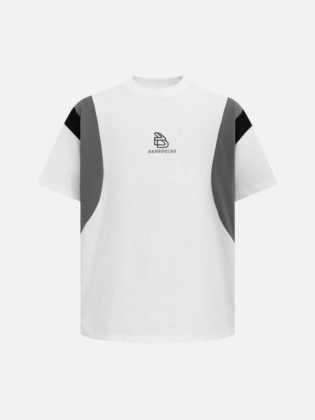 Front view of a TALISHKO white jersey T-shirt with retro contrast stitching and embroidery.