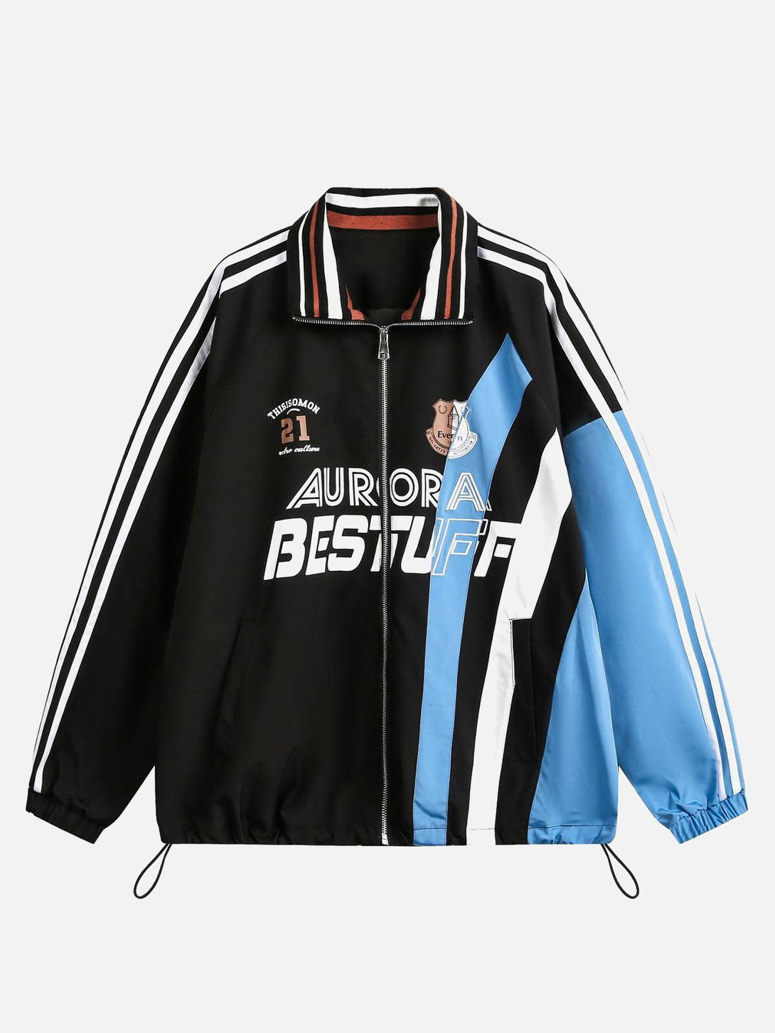 Front view of a black retro jersey jacket by TALISHKO, featuring bold contrast color stitching.