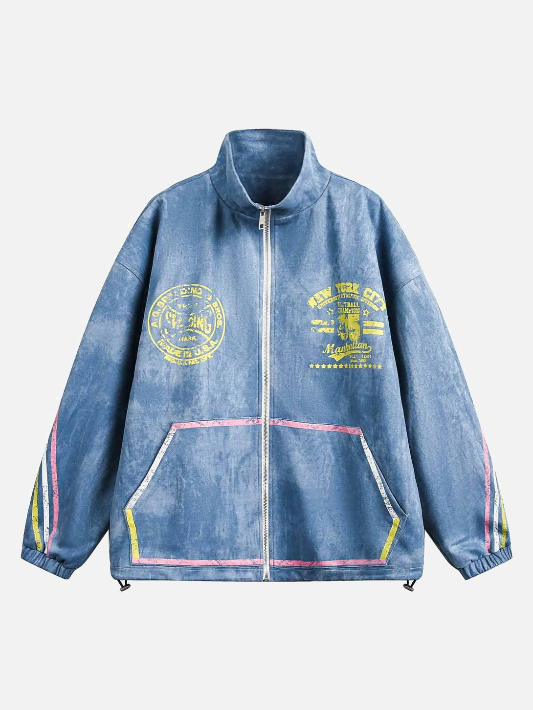 Front view of a blue suede track jacket by TALISHKO, featuring retro contrast details.