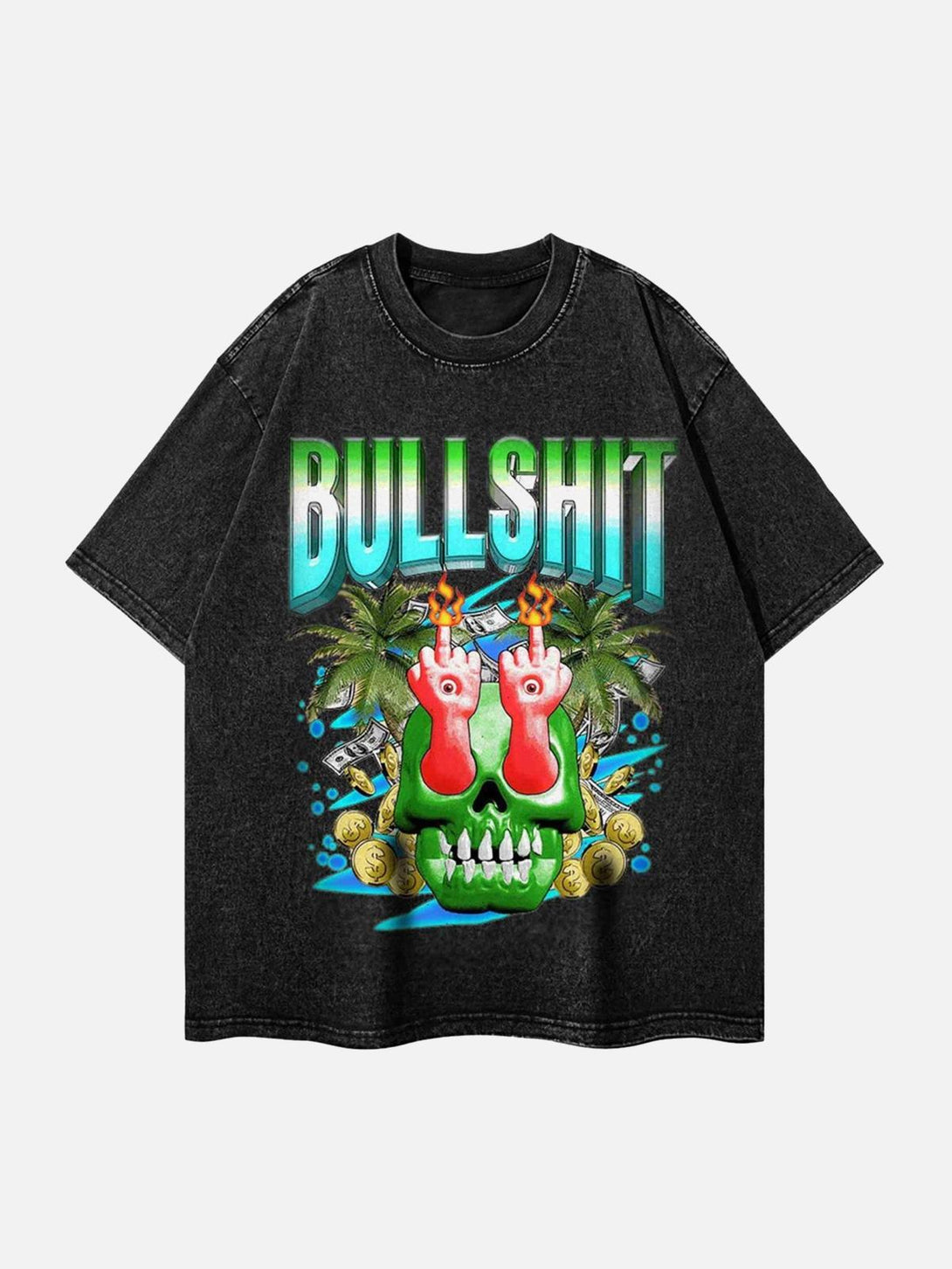 Front view of a black retro T-shirt by TALISHKO featuring bold graphics and a creative design.