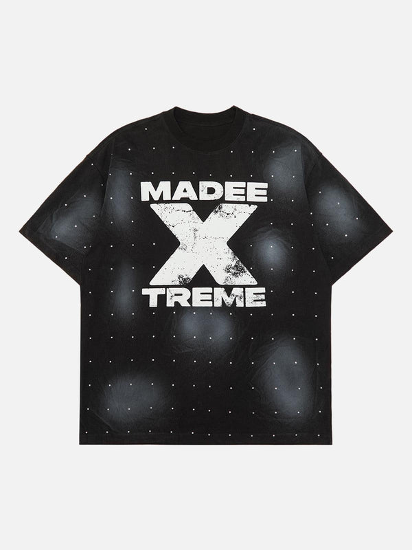 Front view of TALISHKO black retro crystal letter T-shirt with bold graphic design.