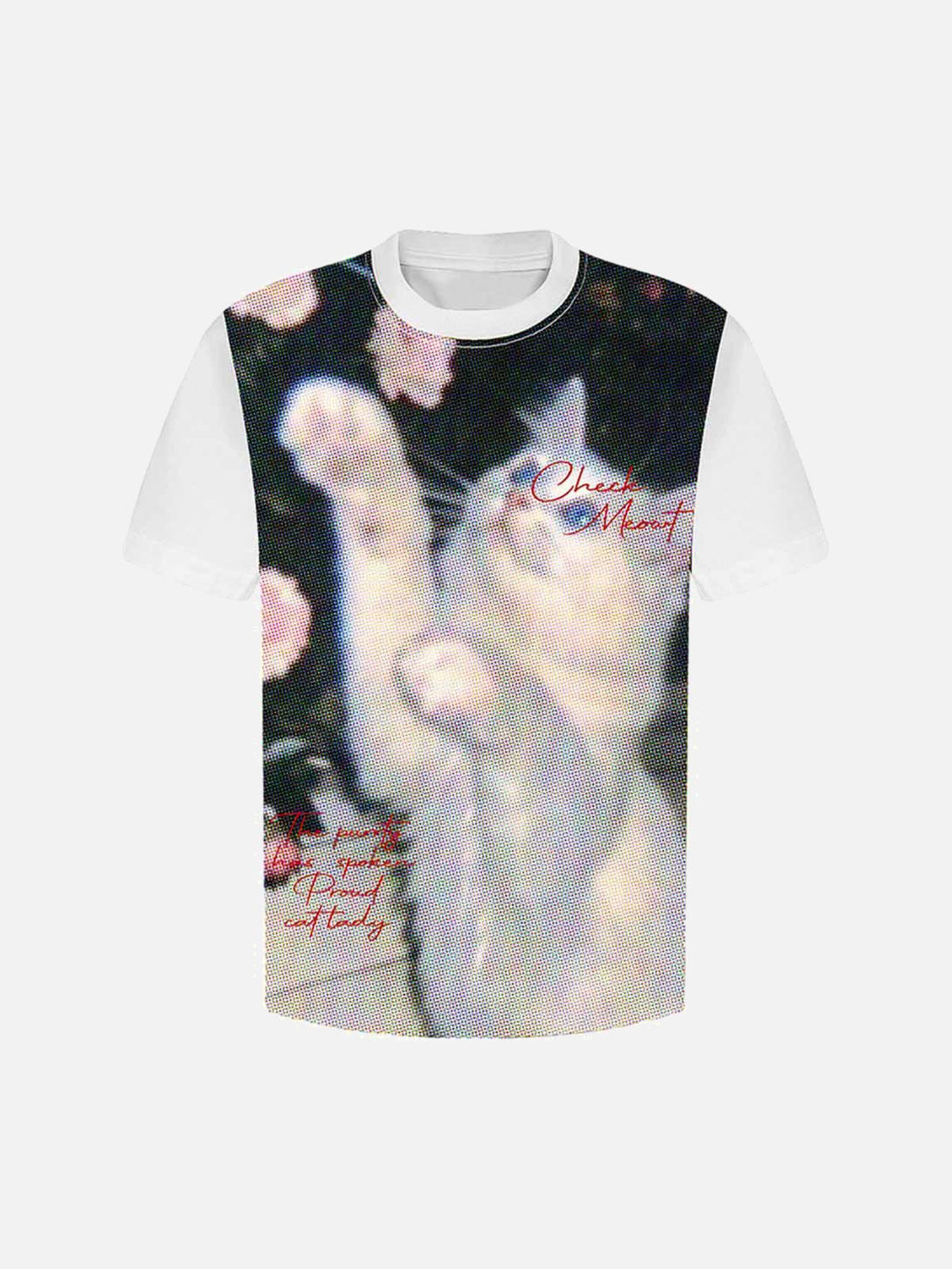 Front view of TALISHKO's white T-shirt with a playful retro cat print, ideal for casual outings.