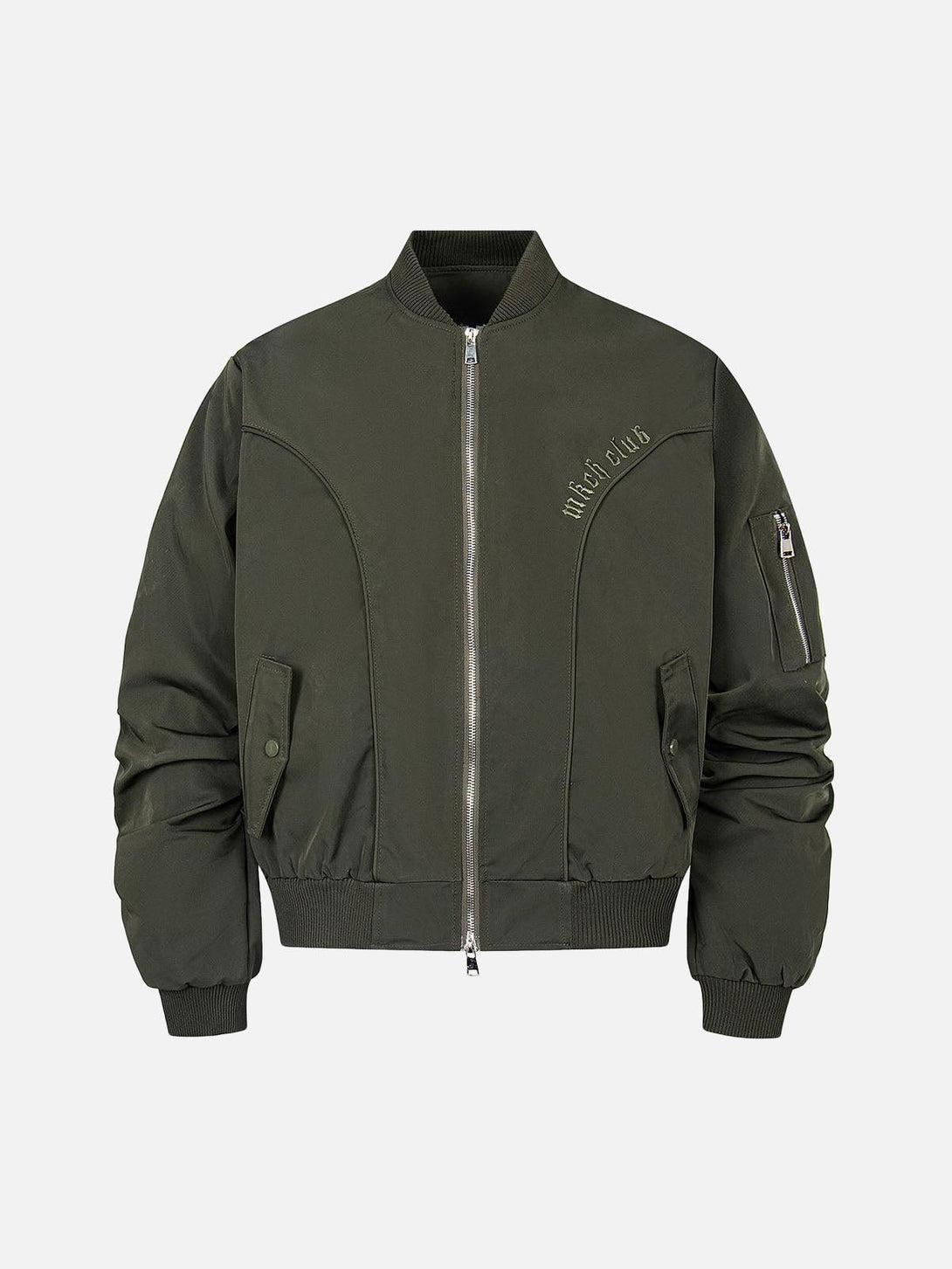 Front view of an army green bomber jacket by TALISHKO, showcasing retro deconstructed style.