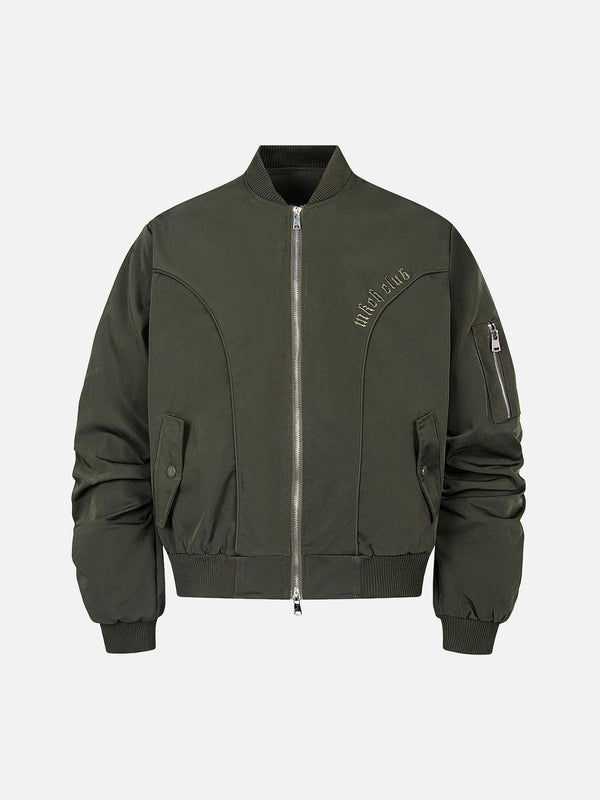 Front view of an army green bomber jacket by TALISHKO, showcasing retro deconstructed style.