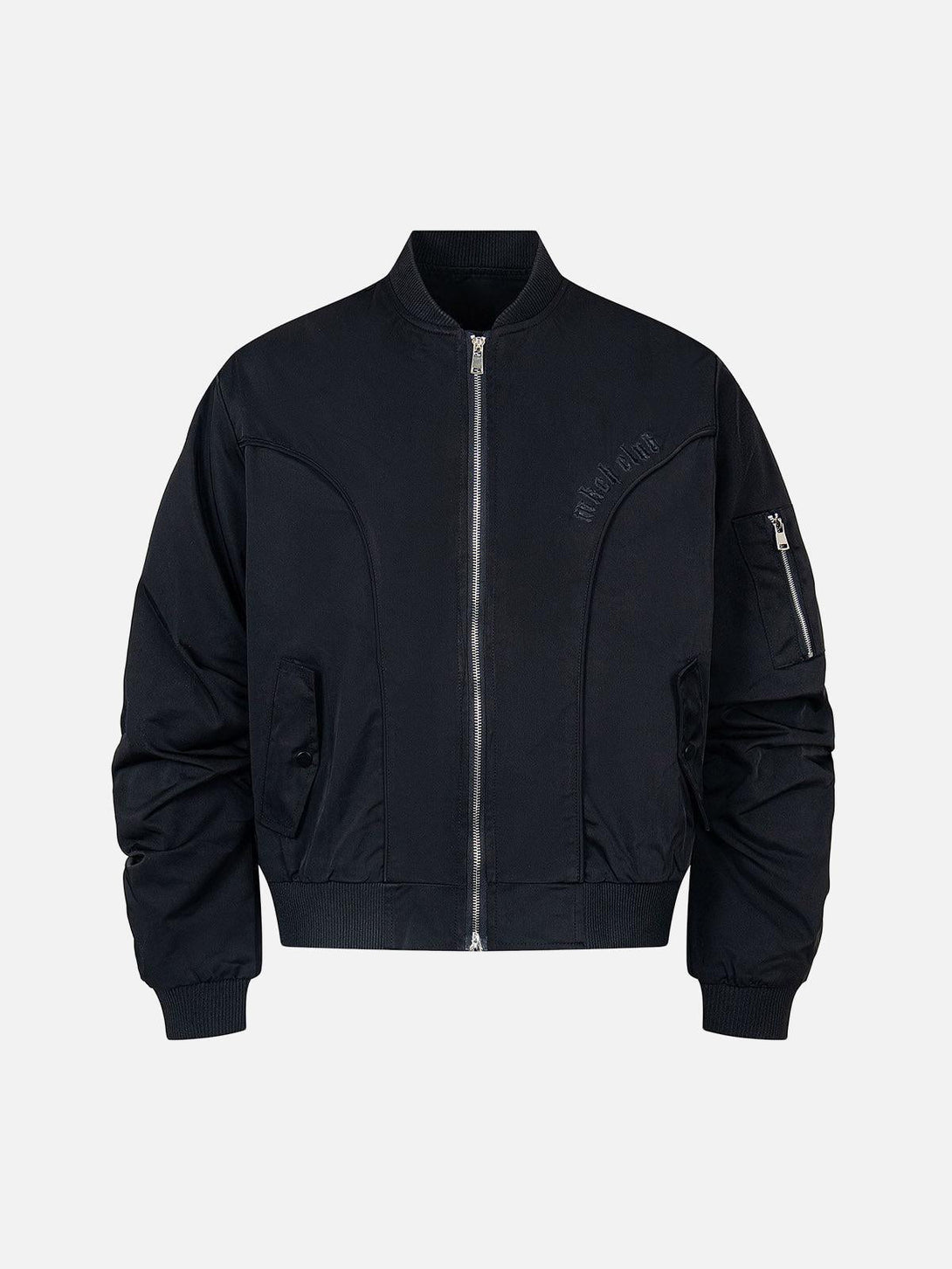 Front view of a black bomber jacket by TALISHKO, featuring a retro deconstructed design.