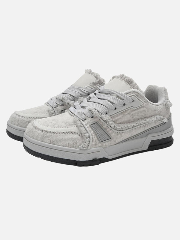 Retro gray denim sneakers by TALISHKO, showcasing a rugged texture and stylish street vibe.