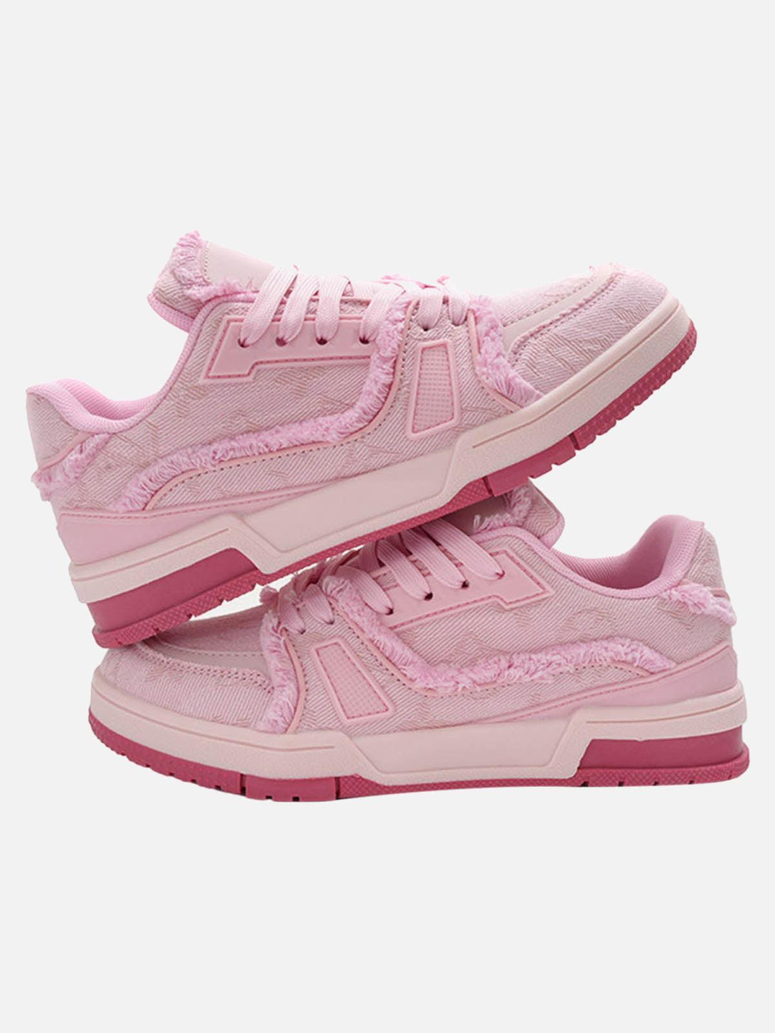 Pink retro denim sneakers by TALISHKO, front view showcasing textured design and vibrant style.