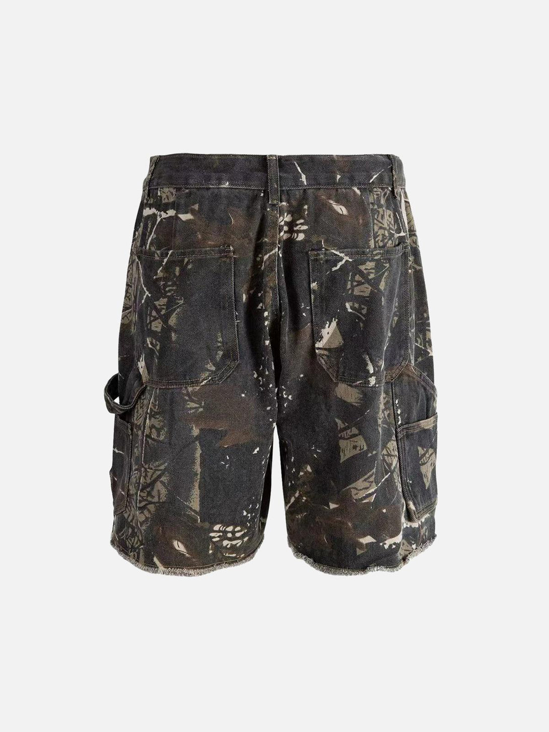 Back view of ink green camouflage shorts by TALISHKO, highlighting a retro distressed style.