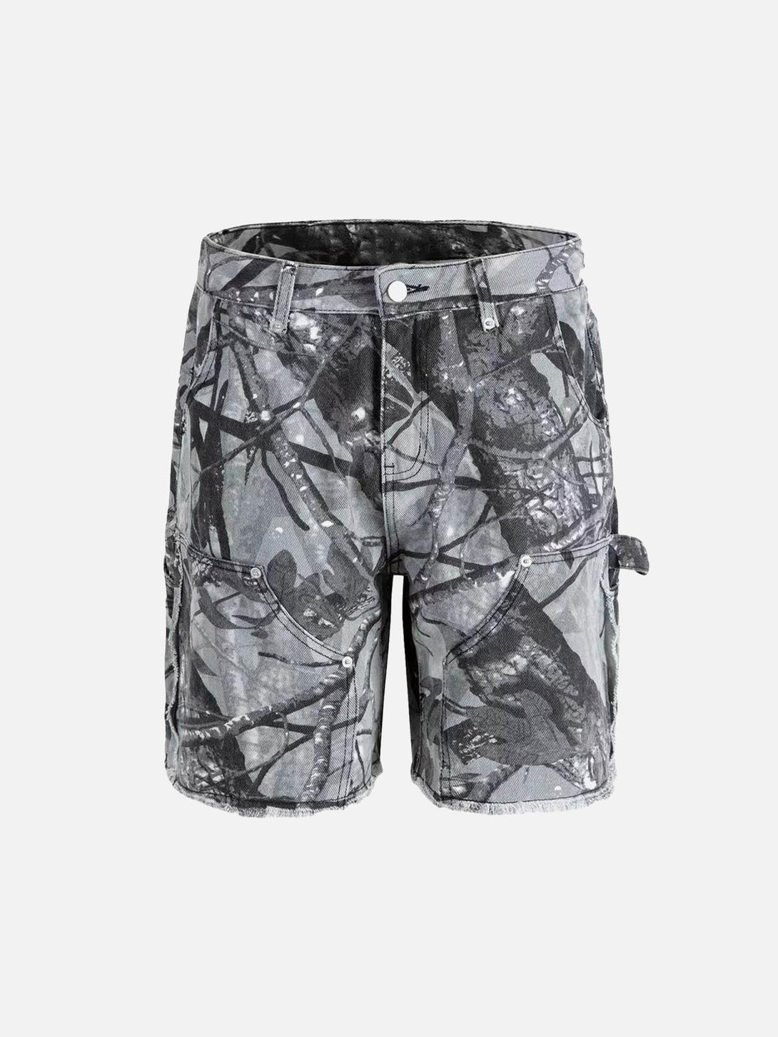 Front view of light gray camouflage workwear shorts by TALISHKO, featuring a hip-hop style.