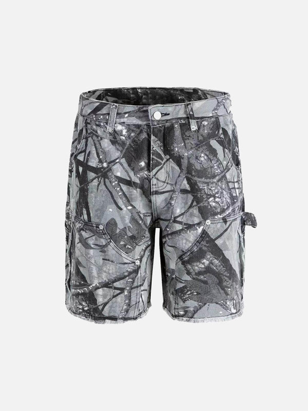 Front view of light gray camouflage workwear shorts by TALISHKO, featuring a hip-hop style.