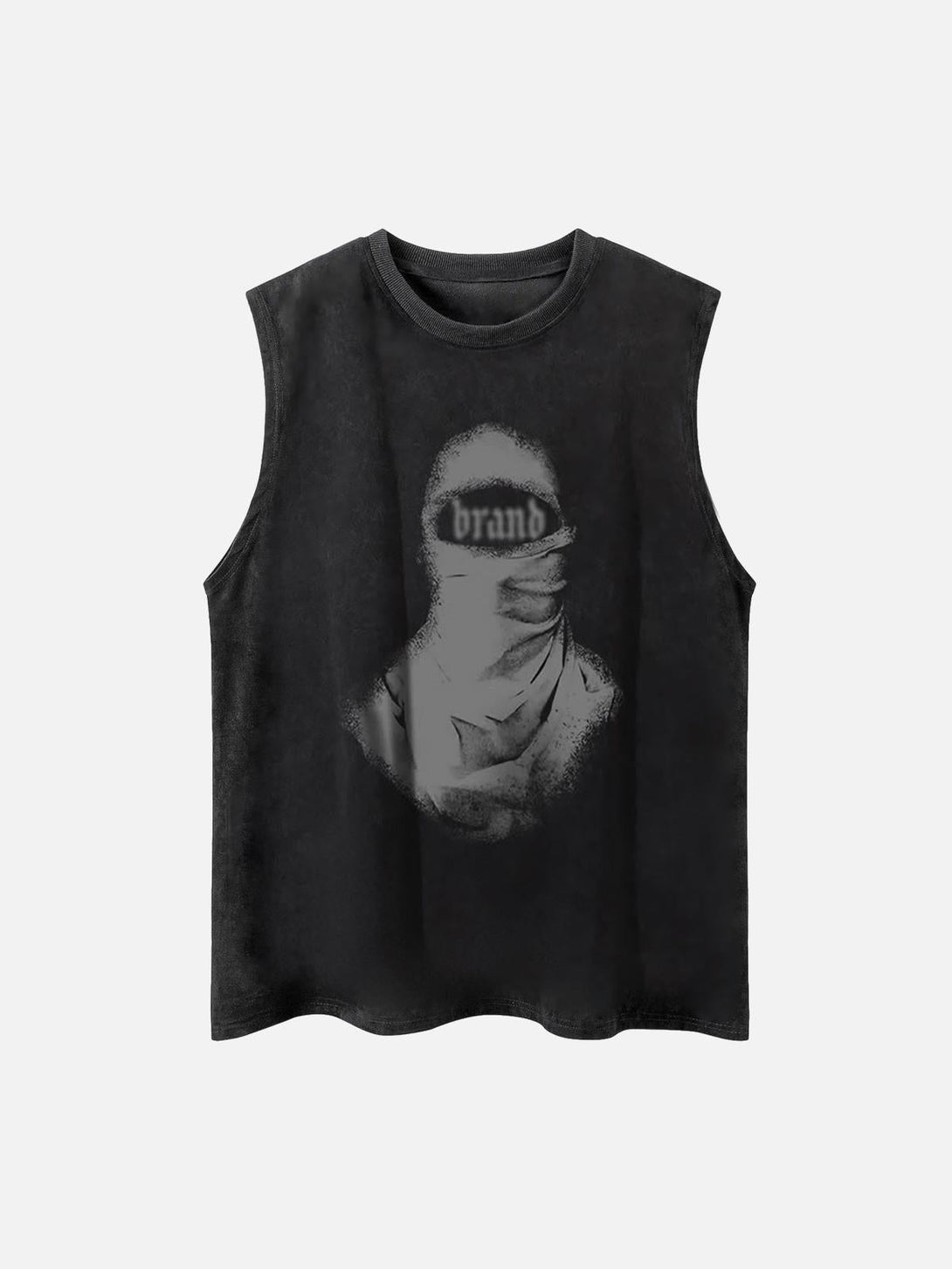 Front view of a black street rap vest featuring a retro character print, designed by TALISHKO.